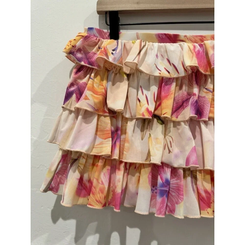 Out From Under Skirt Womens L Pink Floral Ruffle Tiered Mini Urban Outfitters
